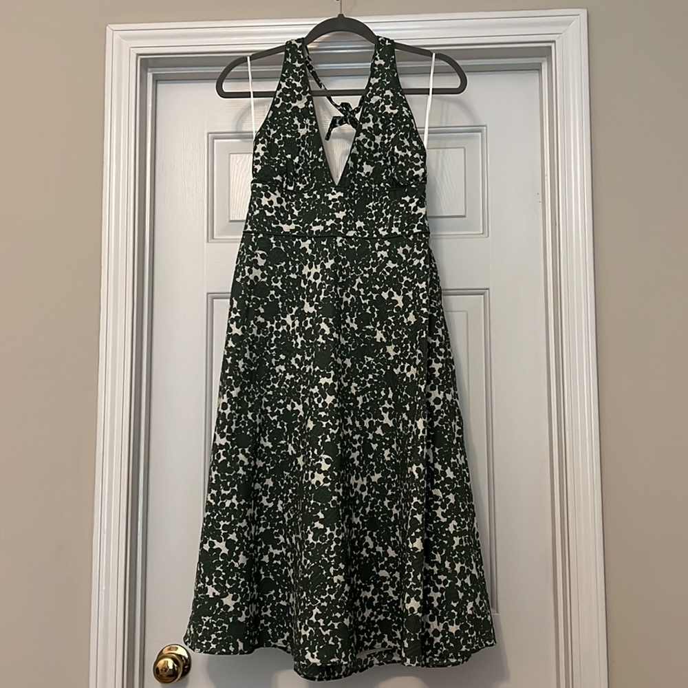 100% cotton J.Crew halter dress. MIDI length.  Green and cream.